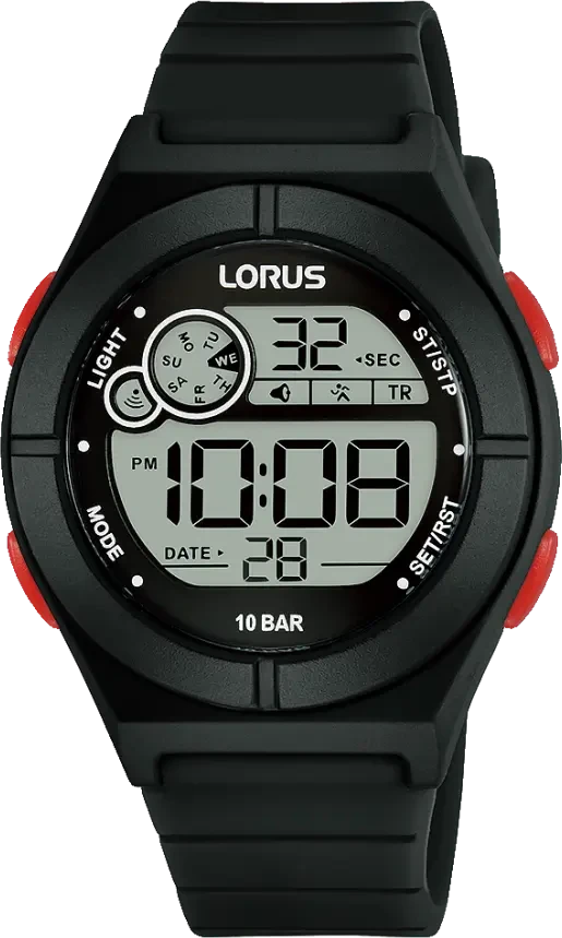 Lorus Jungenuhr: schwarze Digitaluhr mit Kautschukband, rote Tasten