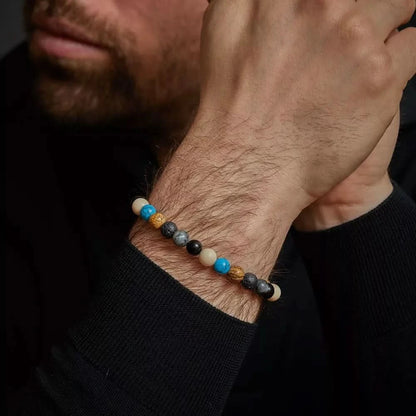 Armband aus 8mm großen Edelsteinen aus Achat, Larvikit, Lavastein, Bild Jaspis, Turqurenit und Fossil mit Edelstahlverschluss - Rebel&Rose Modell: RR-80064-S-L