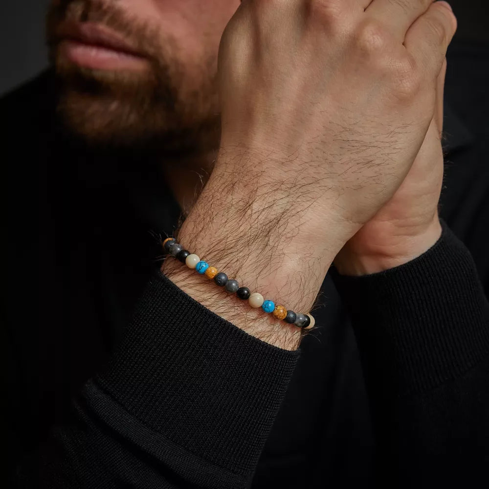 Armband aus 6mm Edelsteinen (Achat, Larvikit, Lavastein, Bild Jaspis, Turqurenit). Edelsteinen mit grauem Edelstahlverschluss - Rebel&Rose Modell: RR-60131-S-M