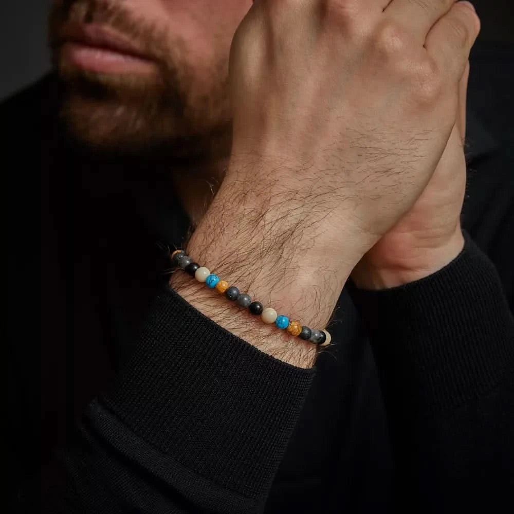 Armband aus 6mm Edelsteinen (Achat, Larvikit, Lavastein, Bild Jaspis, Turqurenit). Edelsteinen mit grauem Edelstahlverschluss - Rebel&Rose Modell: RR-60131-S-L