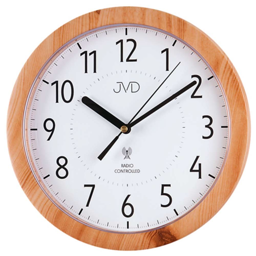 Runde Wanduhr mit weißem Zifferblatt, schwarzen Zeigern und braunem Holzrahmen, Funk.