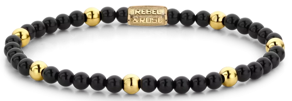 Armband aus schwarzen und goldfarbenen Edelsteinen mit Edelstahlverschluss - Rebel&Rose Modell: RR-40043-G-M