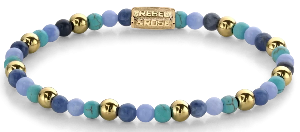 Armband aus blauen Edelsteinperlen mit goldfarbenen Kugeln und Edelstahlverschluss