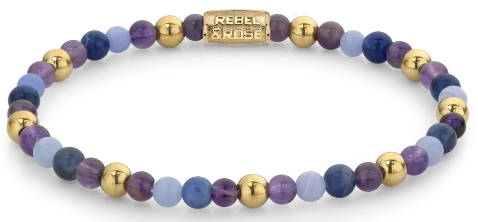 Armband aus Edelsteinen in Lila, Violett und Gold mit Edelstahlverschluss - Rebel&Rose Modell: RR-40064-G-M