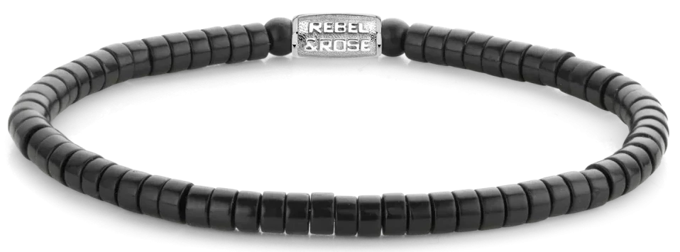 Schwarzes Armband aus scheibenförmigem Blackstone mit Edelstahlverschluss - Rebel&Rose Modell: RR-40073-S-L