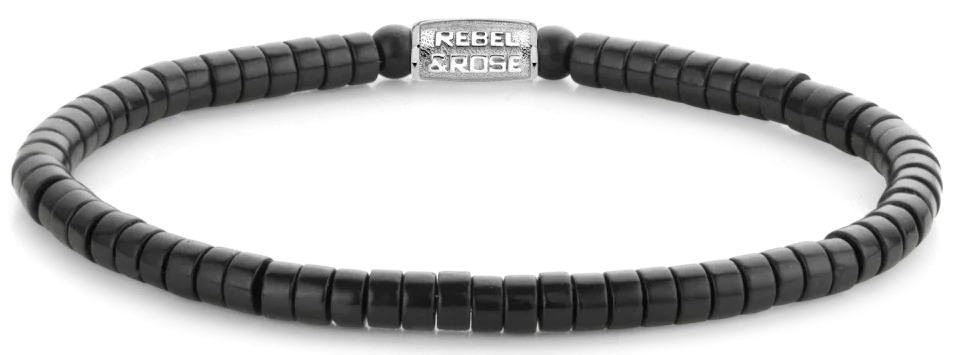 Schwarzes Armband aus scheibenförmigem Blackstone mit Edelstahlverschluss - Rebel&Rose Modell: RR-40073-S-M