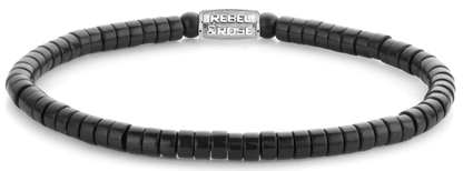 Schwarzes Armband aus scheibenförmigem Blackstone mit Edelstahlverschluss - Rebel&Rose Modell: RR-40073-S-M