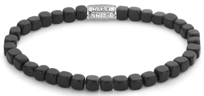 Schwarzes Armband aus Würfelförmigem Blackstone mit Edelstahlverschluss - Rebel&Rose Modell: RR-40079-S-L