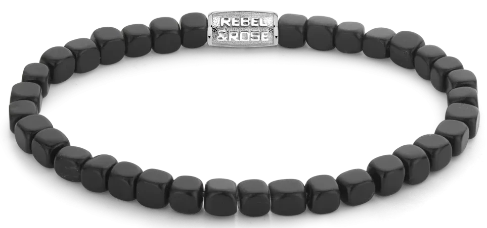 Schwarzes Armband aus Würfelförmigem Blackstone mit Edelstahlverschluss - Rebel&Rose Modell: RR-40079-S-M
