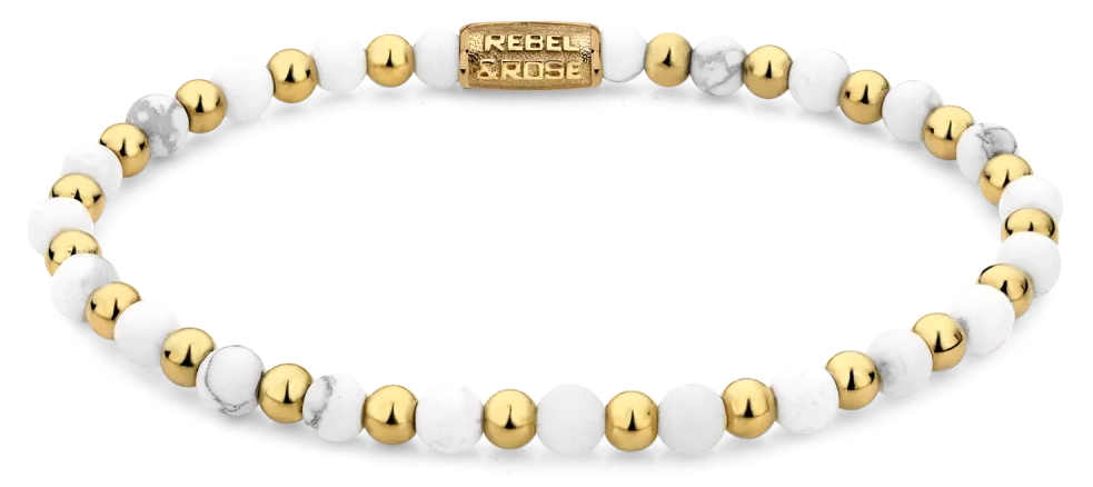 Armband aus 4mm Howlith und goldfarbenen Steinen mit Edelstahlverschluss - Rebel&Rose Modell: RR-40113-G-S