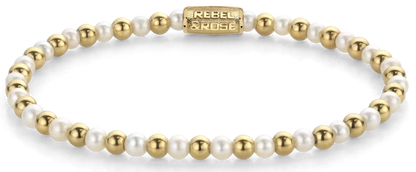 Armband aus 4mm echten Süßwasserperlen und goldfarbenen Steinen mit Edelstahlverschluss - Rebel&Rose Modell: RR-40126-G-M