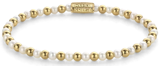 Armband aus 4mm echten Süßwasserperlen und goldfarbenen Steinen mit Edelstahlverschluss - Rebel&Rose Modell: RR-40126-G-M