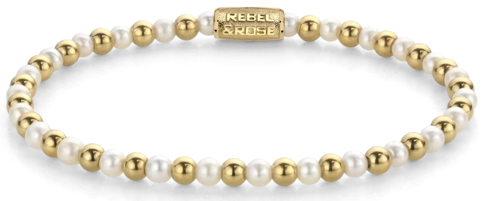 Bracelet made of 4mm genuine freshwater pearls and gold-colored stones with stainless steel clasp - Rebel&Rose Model: RR-40126-G-S