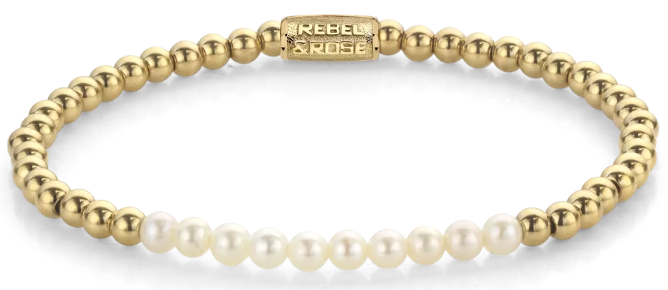 Armband aus 4mm echten Süßwasserperlen und goldfarbenen Steinen mit Edelstahlverschluss - Rebel&Rose Modell: RR-40127-G-M