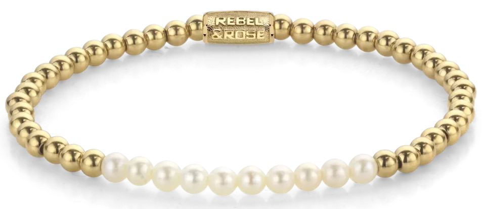 Armband aus 4mm echten Süßwasserperlen und goldfarbenen Steinen mit Edelstahlverschluss - Rebel&Rose Modell: RR-40127-G-S