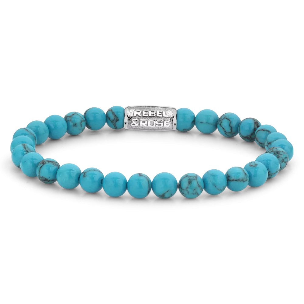 Armband aus 6mm Turqurenit-Edelsteinen mit Edelstahlverschluss - Rebel&Rose Modell: RR-60015-S-L