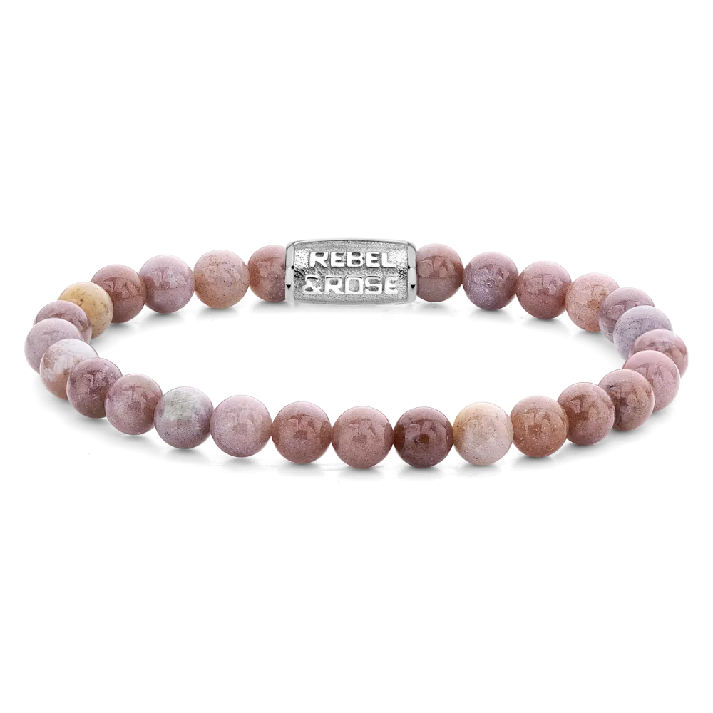 Armband aus 6mm Rhodonit-Edelsteinen mit Edelstahlverschluss - Rebel&Rose Modell: RR-60038-S-S