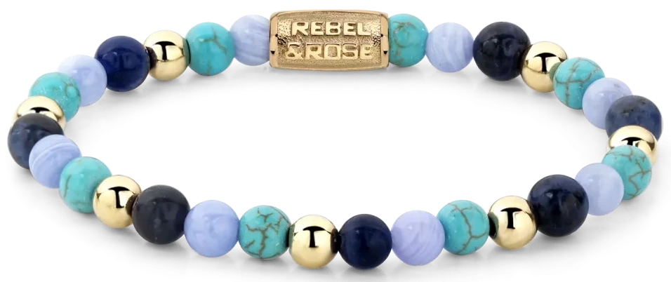 Perlenarmband mit blauen und türkisfarbenen Steinen und goldfarbenen Zwischenkappen
