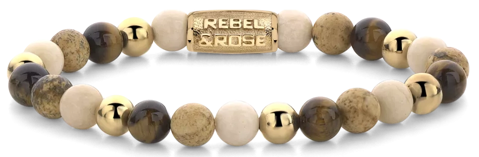 Armband aus 6mm großen Edelsteinen Fossil, Bild Jaspis und Tigerauge gelb mit Metallverschluss - Rebel&Rose Modell: RR-60044-G-M