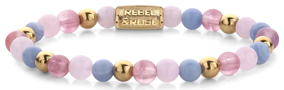 Armband aus 6mm Edelsteinen Kirschquarz, Rosa quarz und Blauer Chalcedon, goldfarbene Steine und Edelstahlverschluss - Rebel&Rose Modell: RR-60055-G-M