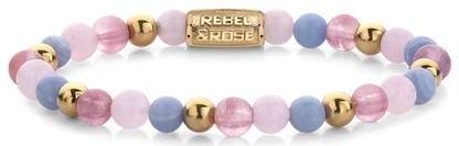 Armband aus 6mm Edelsteinen Kirschquarz, Rosa quarz und Blauer Chalcedon, goldfarbene Steine und Edelstahlverschluss - Rebel&Rose Modell: RR-60055-G-S