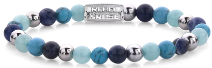 Armband aus 6mm Edelsteinen Sodalit, Turqurenit und Blauer Jade silberfarbene Steine und Edelstahlverschluss - Rebel&Rose Modell: RR-60056-S-M
