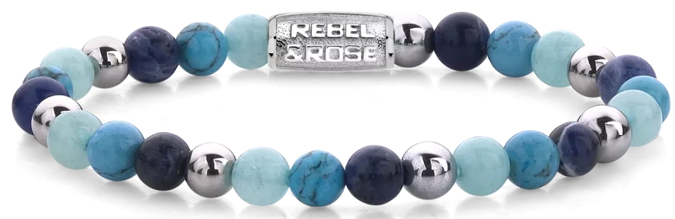 Armband aus 6mm Edelsteinen Sodalit, Turqurenit und Blauer Jade silberfarbene Steine und Edelstahlverschluss - Rebel&Rose Modell: RR-60056-S-S
