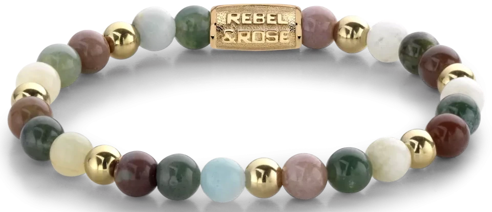 Armband aus 6mm verschiedenfarbigen Edelsteinen und goldfarbene Steine und Edelstahlverschluss - Rebel&Rose Modell: RR-60077-G-S