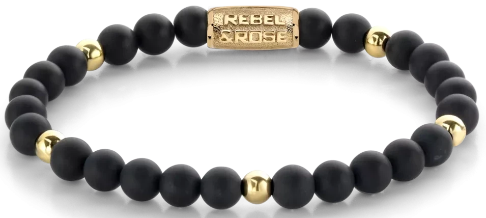 Armband aus 6mm schwarzen und goldfarbenen Steinen mit Edelstahlverschluss - Rebel&Rose Modell: RR-60078-G-S