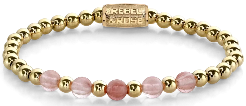 Armband aus 6mm pinken und goldfarbenen Steinen mit Edelstahlverschluss - Rebel&Rose Modell: RR-60081-G-S