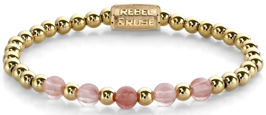 Armband aus 6mm pinken und goldfarbenen Steinen mit Edelstahlverschluss - Rebel&Rose Modell: RR-60081-G-S