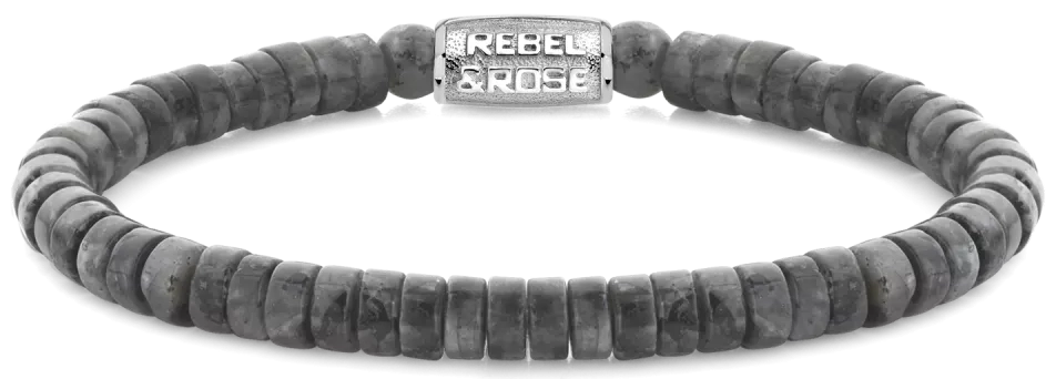 Armband aus 6mm grauen, scheibenförmigem Naturstein mit Edelstahlverschluss - Rebel&Rose Modell: RR-60094-S-L