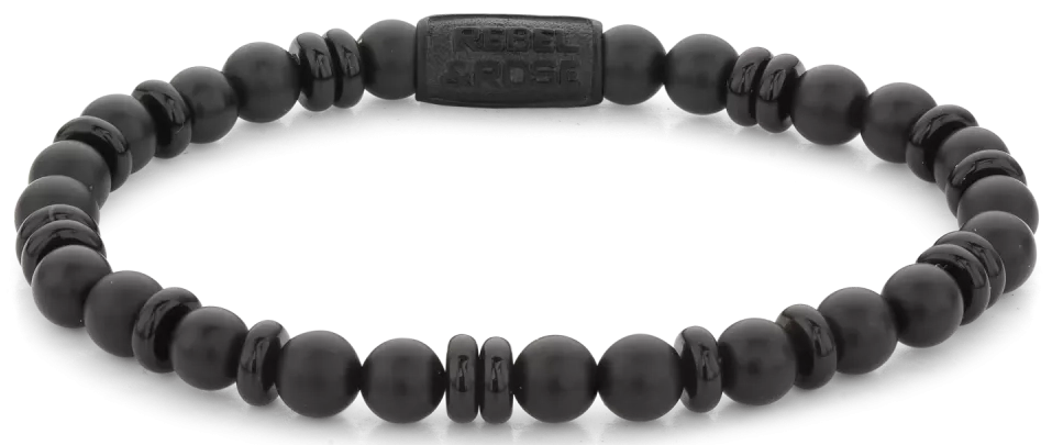 Armband aus 6mm schwarzen Onyx-Naturstein (teils scheibenförmig, teils perlenförmig) mit schwarzem Edelstahlverschluss - Rebel&Rose Modell: RR-60107-B-L