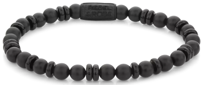 Armband aus 6mm schwarzen Onyx-Naturstein (teils scheibenförmig, teils perlenförmig) mit schwarzem Edelstahlverschluss - Rebel&Rose Modell: RR-60107-B-L