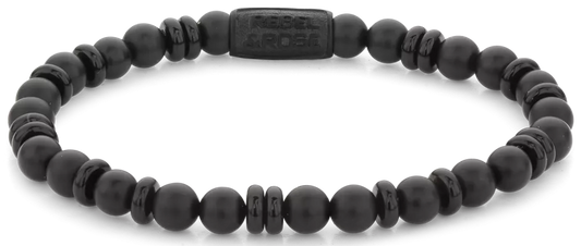 Armband aus 6mm schwarzen Onyx-Naturstein (teils scheibenförmig, teils perlenförmig) mit schwarzem Edelstahlverschluss - Rebel&Rose Modell: RR-60107-B-L