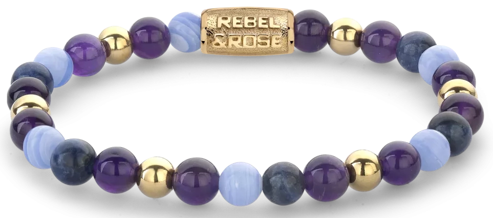 Armband aus 6mm Steinen (Amethyst, Sodalith, Achat, Stahl 18 Karat vergoldet) mit goldplattiertem Edelstahlverschluss - Rebel&Rose Modell: RR-60109-G-S