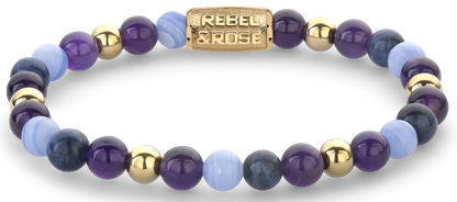 Armband aus 6mm Steinen (Amethyst, Sodalith, Achat, Stahl 18 Karat vergoldet) mit goldplattiertem Edelstahlverschluss - Rebel&Rose Modell: RR-60109-G-S