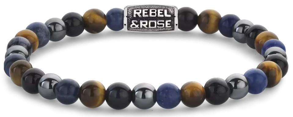 Armband aus 6mm Sodalith, gelbem Tigerauge, blauem Tigerauge und grauem Hämatit Edelsteinen mit grauem Edelstahlverschluss - Rebel&Rose Modell: RR-60110-V-L