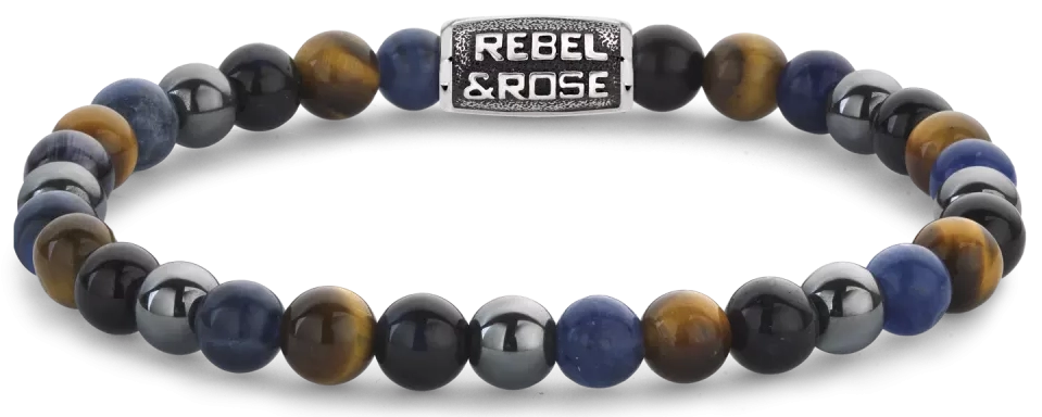 Armband aus 6mm Sodalith, gelbem Tigerauge, blauem Tigerauge und grauem Hämatit Edelsteinen mit grauem Edelstahlverschluss - Rebel&Rose Modell: RR-60110-V-M