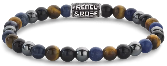 Armband aus 6mm Sodalith, gelbem Tigerauge, blauem Tigerauge und grauem Hämatit Edelsteinen mit grauem Edelstahlverschluss - Rebel&Rose Modell: RR-60110-V-M