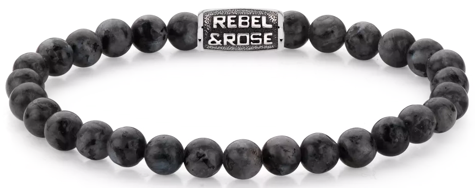Armband aus 6mm schwarzen Larvikit-Edelsteinen mit schwarzem Edelstahlverschluss - Rebel&Rose Modell: RR-60117-V-M