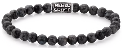 Armband aus 6mm schwarzen Larvikit-Edelsteinen mit schwarzem Edelstahlverschluss - Rebel&Rose Modell: RR-60117-V-M