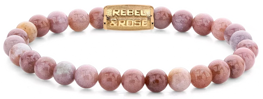 Armband aus 6mm großen Rhodonit Edelsteinen mit Metallverschluss - Rebel&Rose Modell: RR-60119-G-M