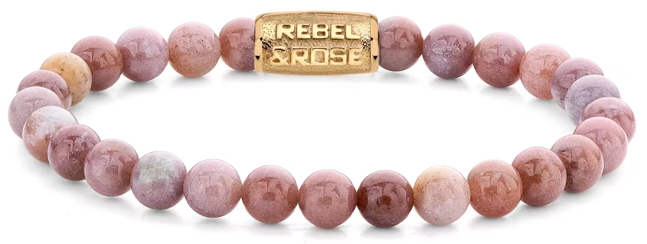 Armband aus 6mm großen Rhodonit Edelsteinen mit Metallverschluss - Rebel&Rose Modell: RR-60119-G-S
