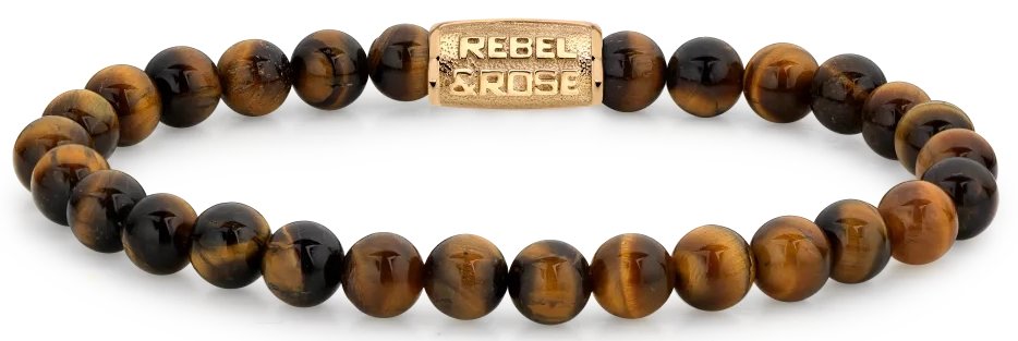 Armband aus 6mm Naturstein in Tigeraugeoptik mit goldplattiertem Edelstahlverschluss - Rebel&Rose Modell: RR-60120-G-S