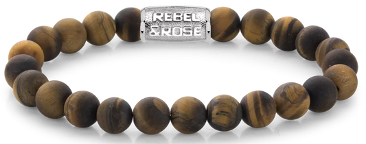 Armband aus 8mm großen Tigerauge-Steinen mit Edelstahlverschluss - Rebel&Rose Modell: RR-80023-S-M