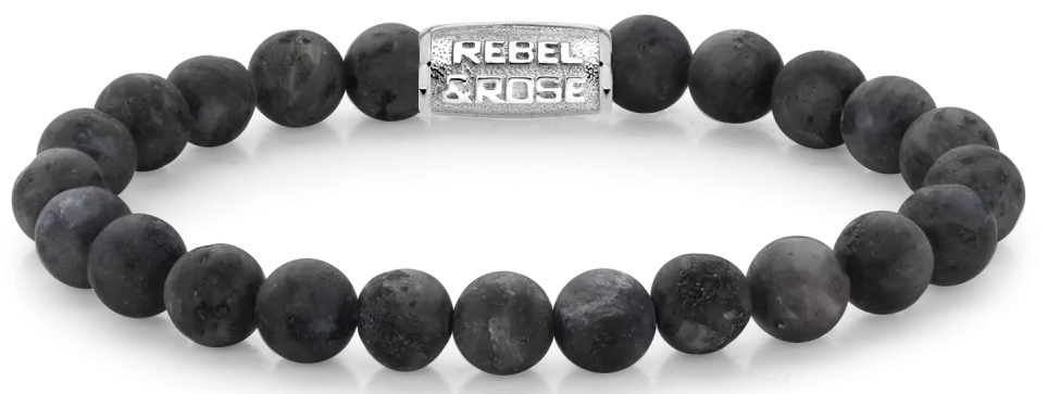Armband aus 8mm großen Larvikit-Steinen mit Edelstahlverschluss - Rebel&Rose Modell: RR-80025-S-M