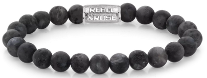 Armband aus 8mm großen Larvikit-Steinen mit Edelstahlverschluss - Rebel&Rose Modell: RR-80025-S-M