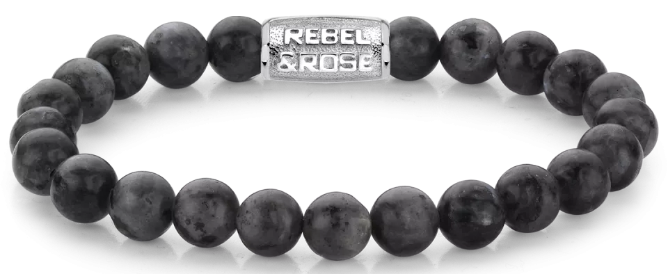 Armband aus 8mm großen Larvikit-Steinen mit Edelstahlverschluss - Rebel&Rose Modell: RR-80026-S-L
