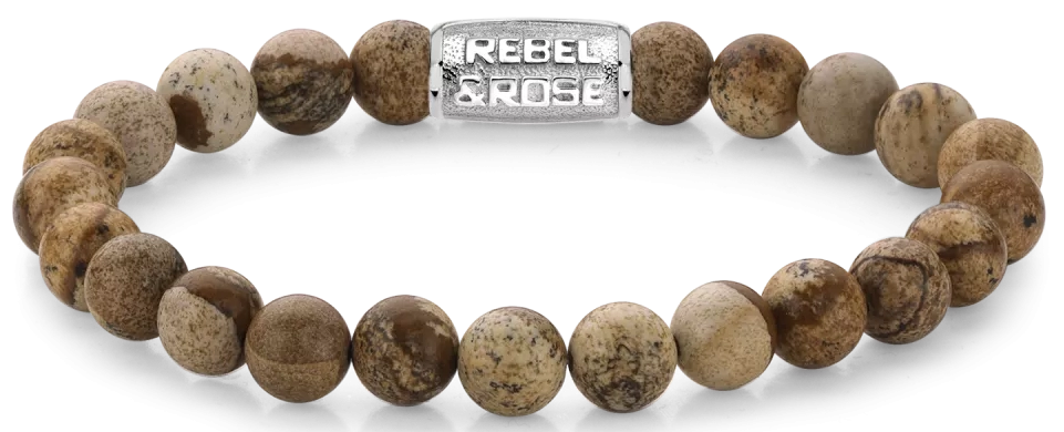Armband aus 8mm großen Edelsteinen Bild Jaspis mit Metallverschluss - Rebel&Rose Modell: RR-80027-S-L